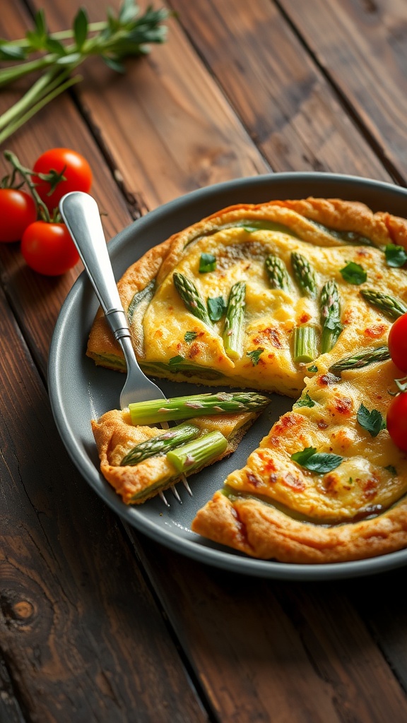A savory asparagus frittata garnished with herbs, served on a rustic table with cherry tomatoes.